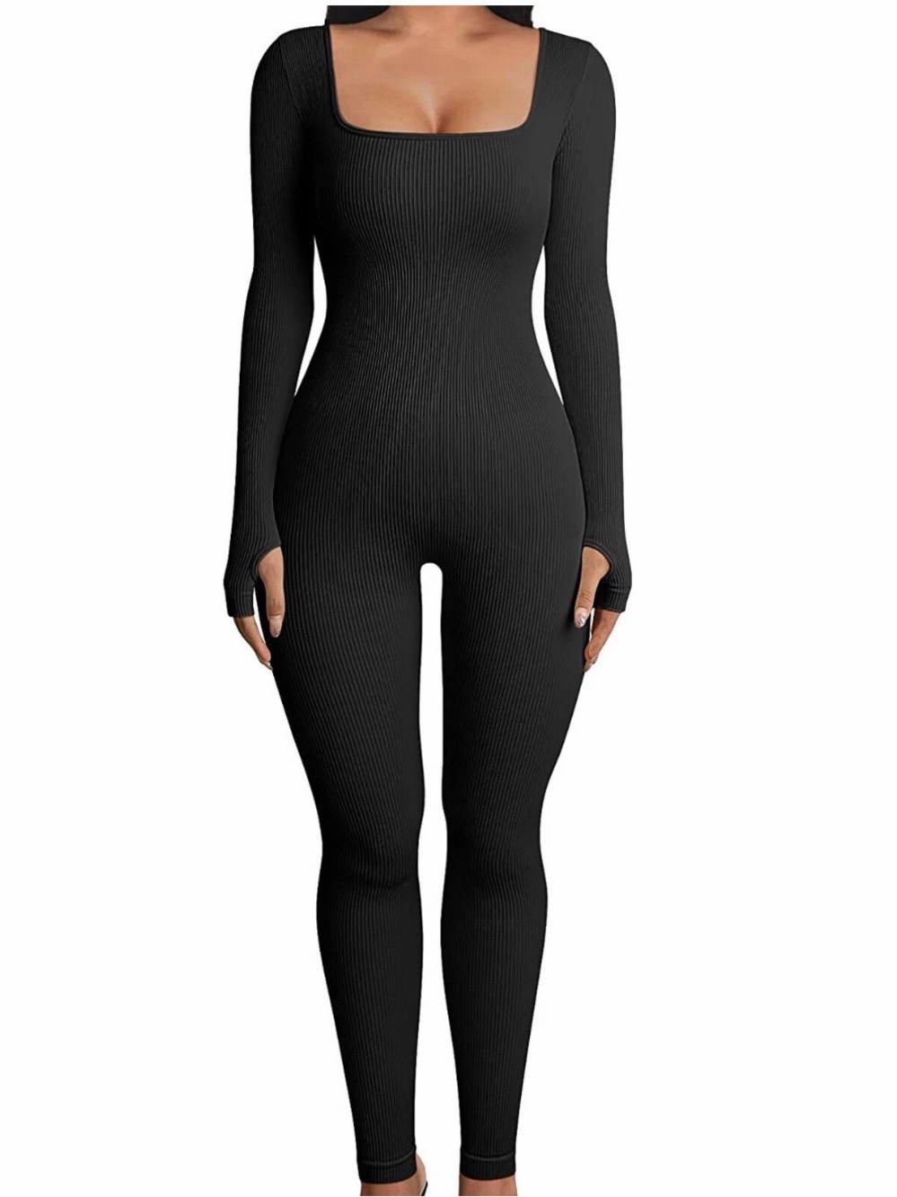 Ribbed Square Neck Long-Sleeve Jumpsuit - Black